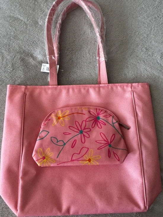 Clinique Pink Tote Bag and Cosmetic Bag set Drawbertson Flower Design NWT - Picture 3 of 7